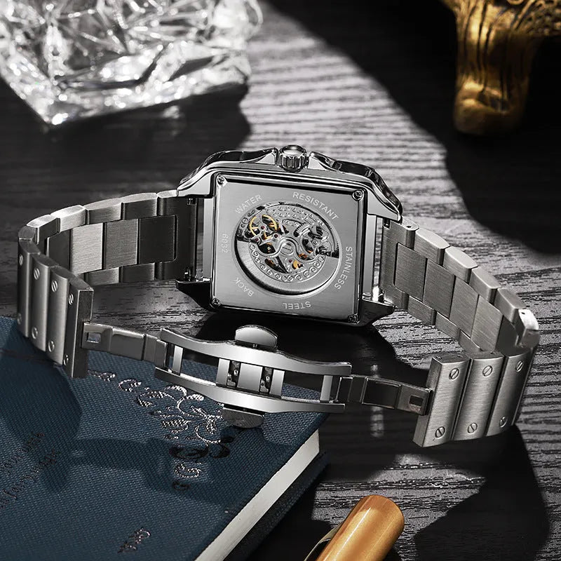 Men's square automatic watch with diamond accents and steel belt in black and white colour options
