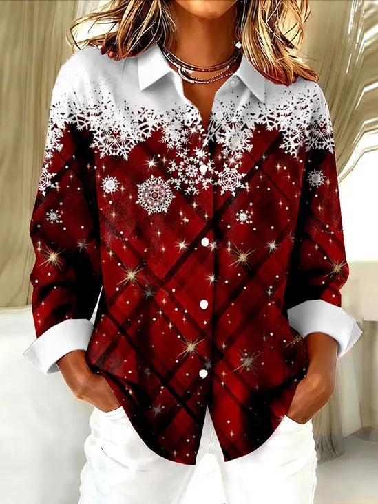 Solid colour check print long sleeve polyester shirt for women, loose fit, available in multiple sizes