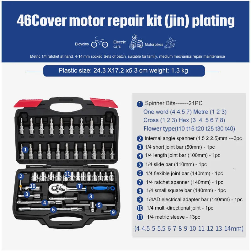 Chrome vanadium steel socket ratchet wrench set in a storage box for home and auto repair.