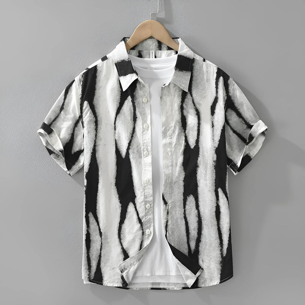 Men's black and brown striped retro short sleeve shirt in pure cotton loose fit