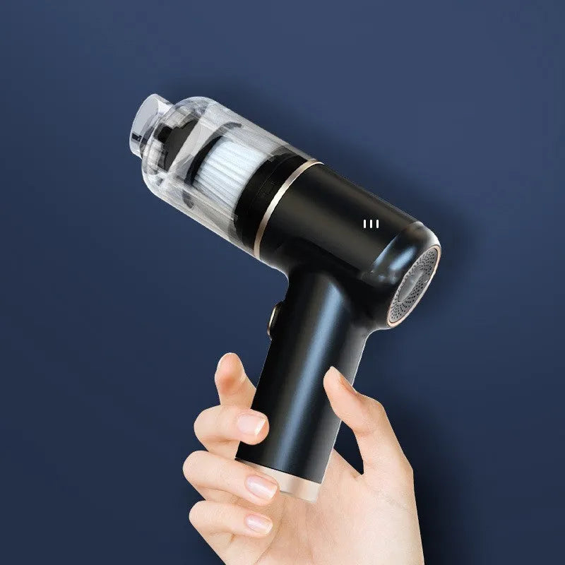 Black wireless handheld car vacuum cleaner with nozzle attachments and USB cable