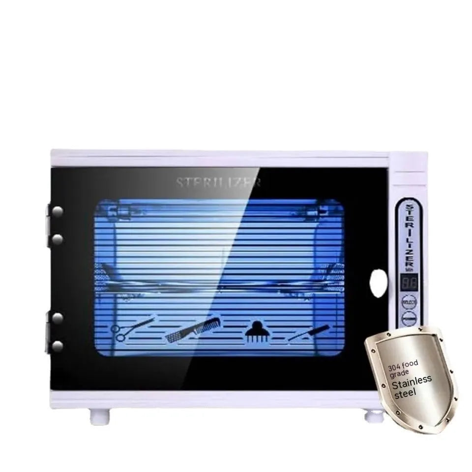 Small silver UV steriliser unit with stainless steel chamber for salon tool disinfection
