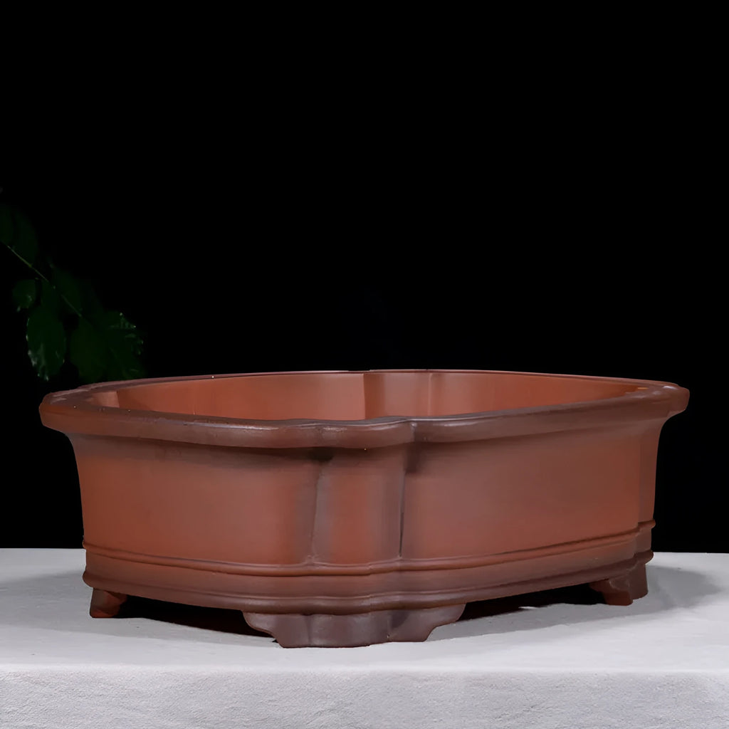 Large rectangular antique-finish purple clay flower pot in Chinese style.