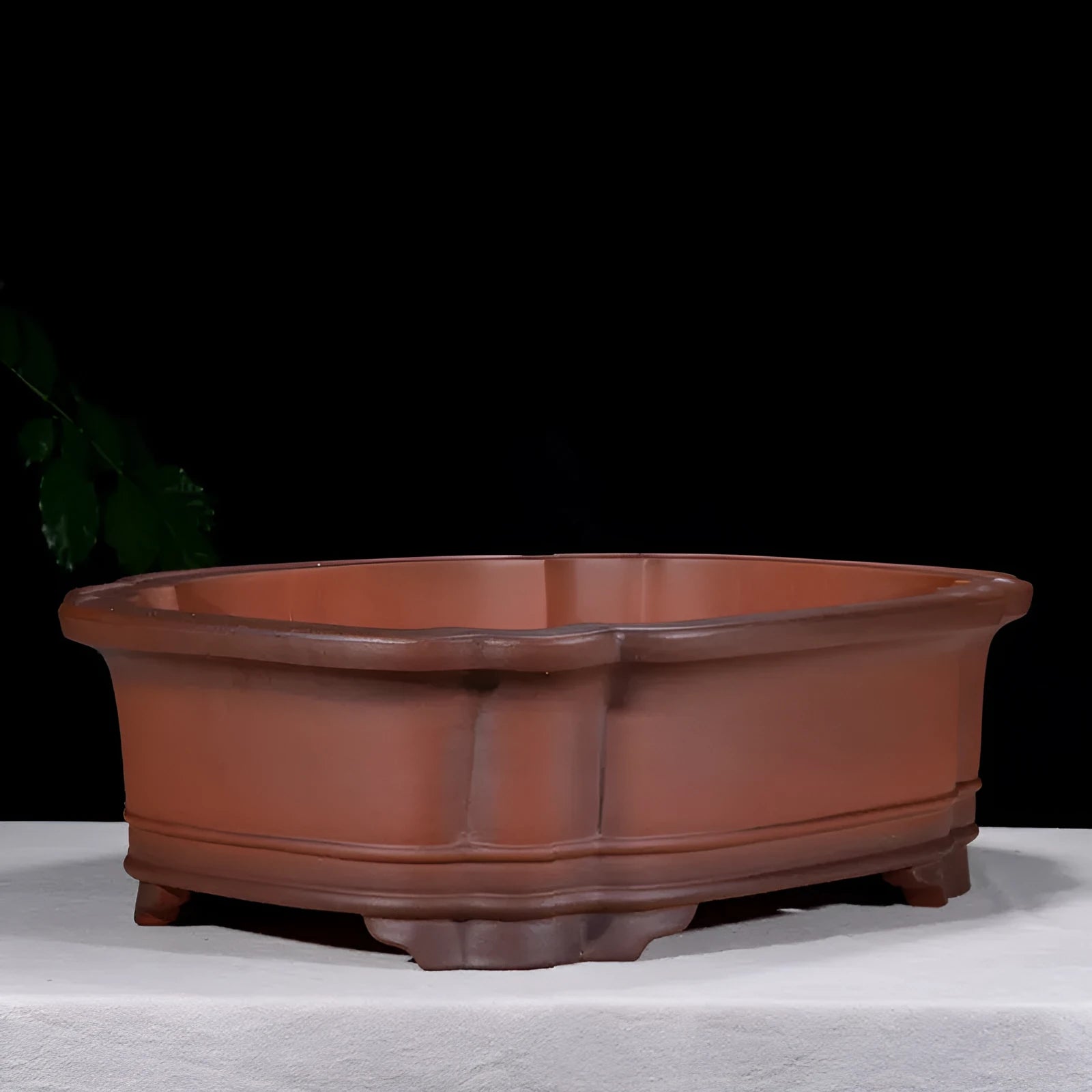Large rectangular antique-finish purple clay flower pot in Chinese style.