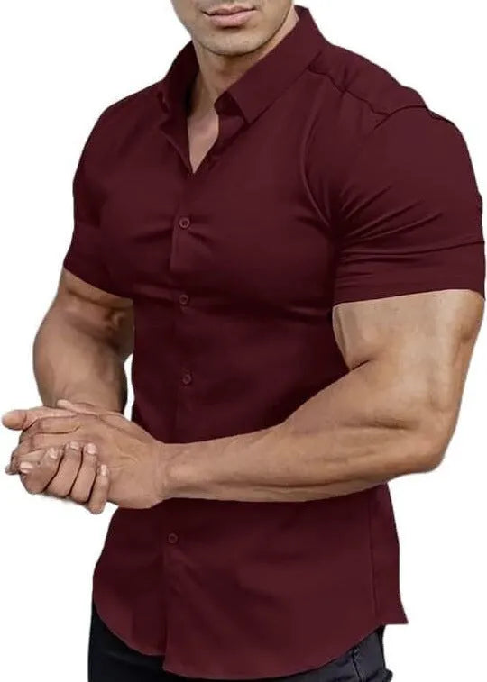 Men's brown short sleeve casual cardigan shirt with a collar.