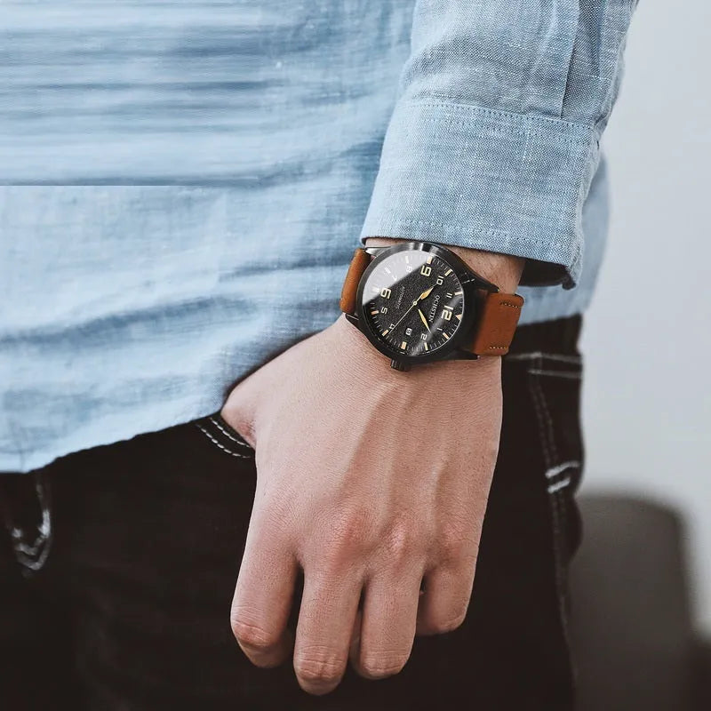 Men's automatic mechanical watch with retro leather strap showing multiple colour dial and case combinations