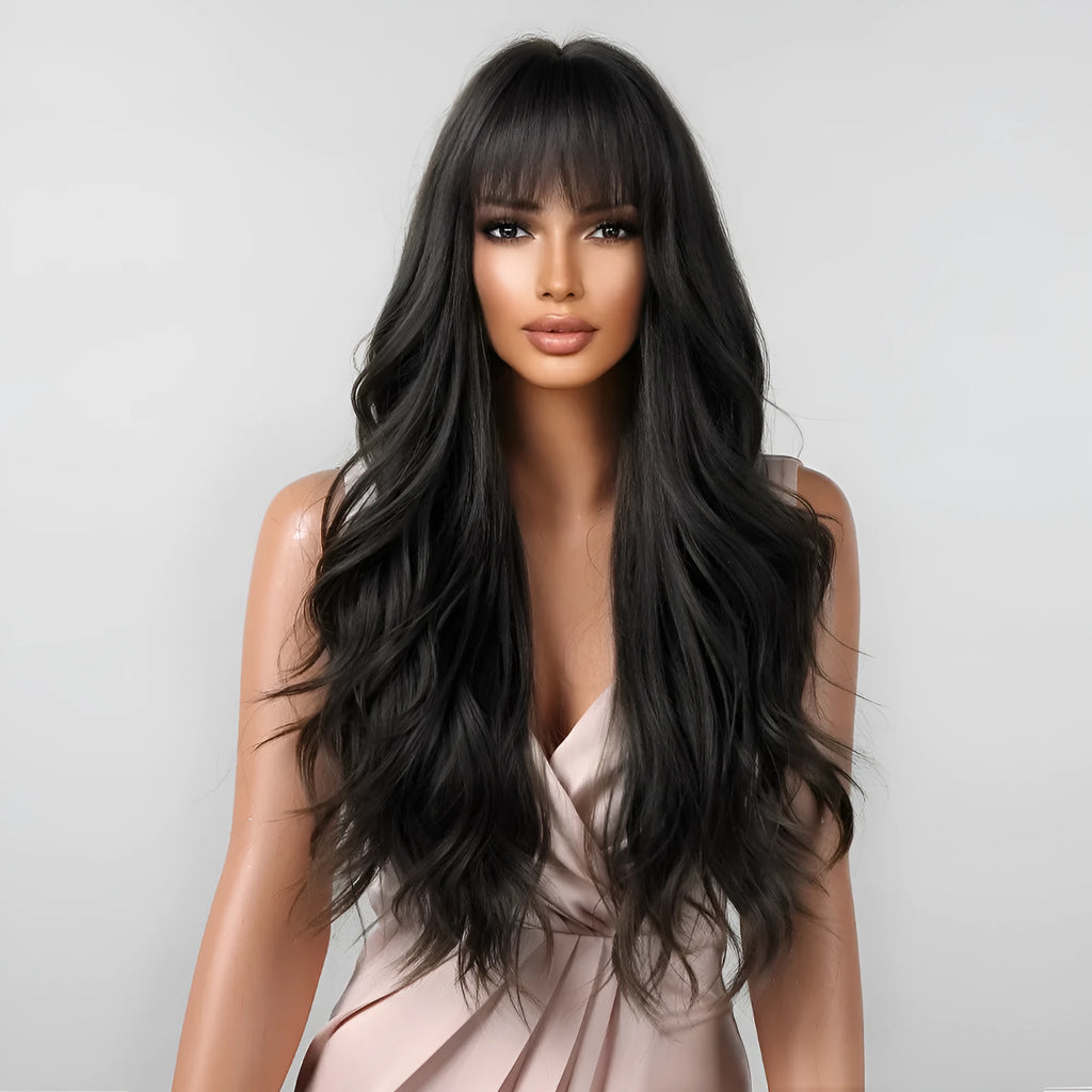Long curly wig with bangs in high-temperature fibre, 26inch length, five colour options for women