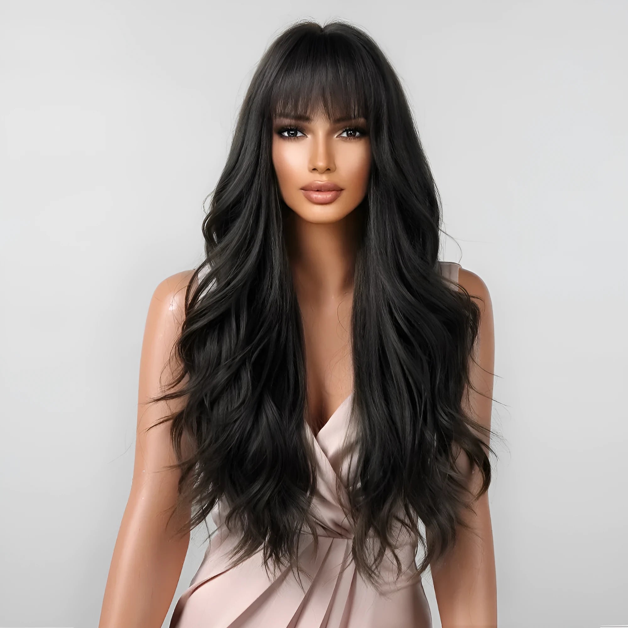 Long curly wig with bangs in high-temperature fibre, 26inch length, five colour options for women