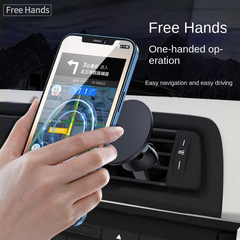 Black aluminium alloy magnetic suction car phone holder mounted on a car air vent.
