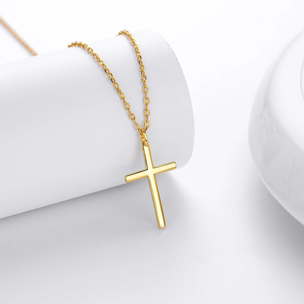 Sterling silver necklace with glossy cross pendant on O-shaped chain, adjustable length