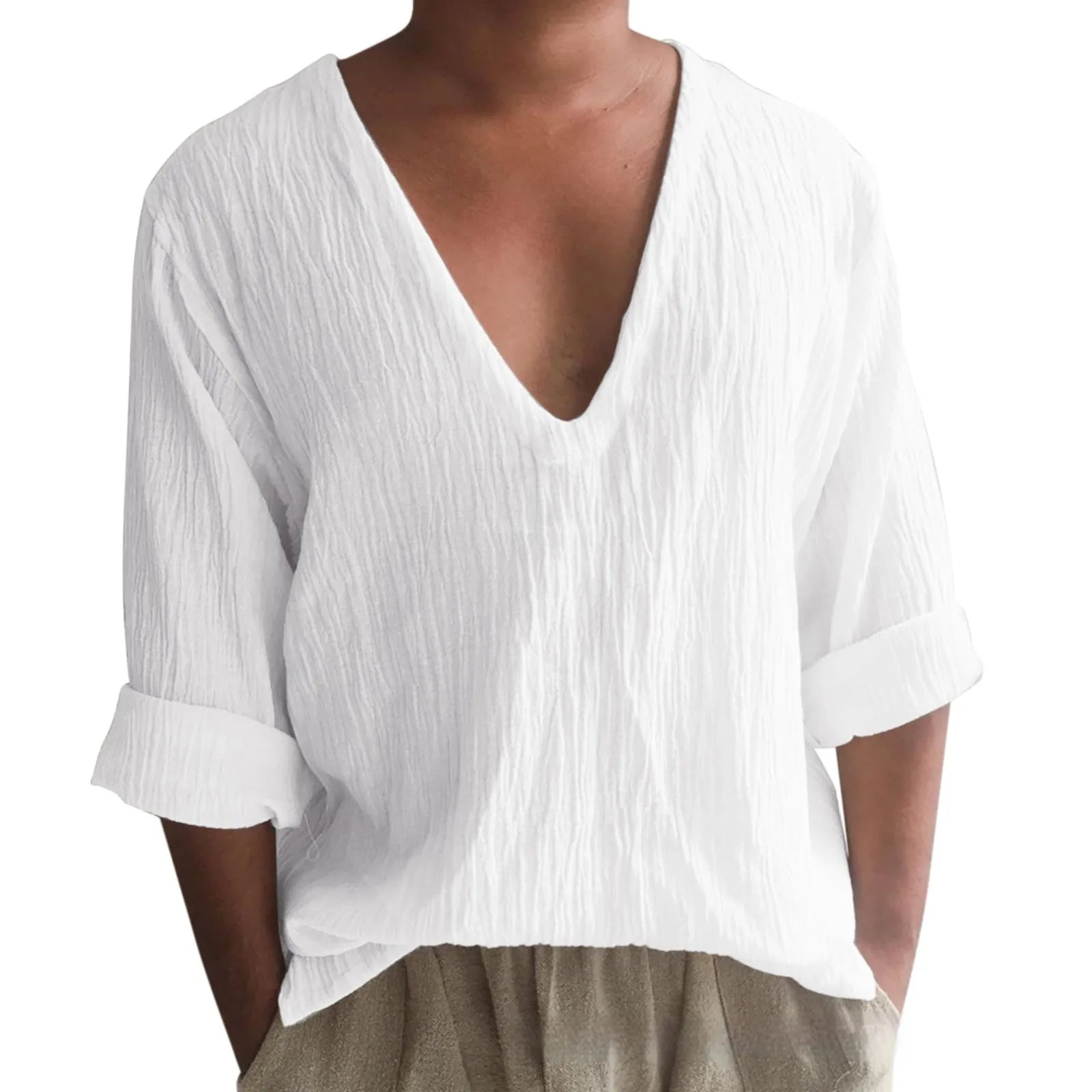 Men's solid colour long sleeve V-neck T-shirt in washed cotton and linen blend.