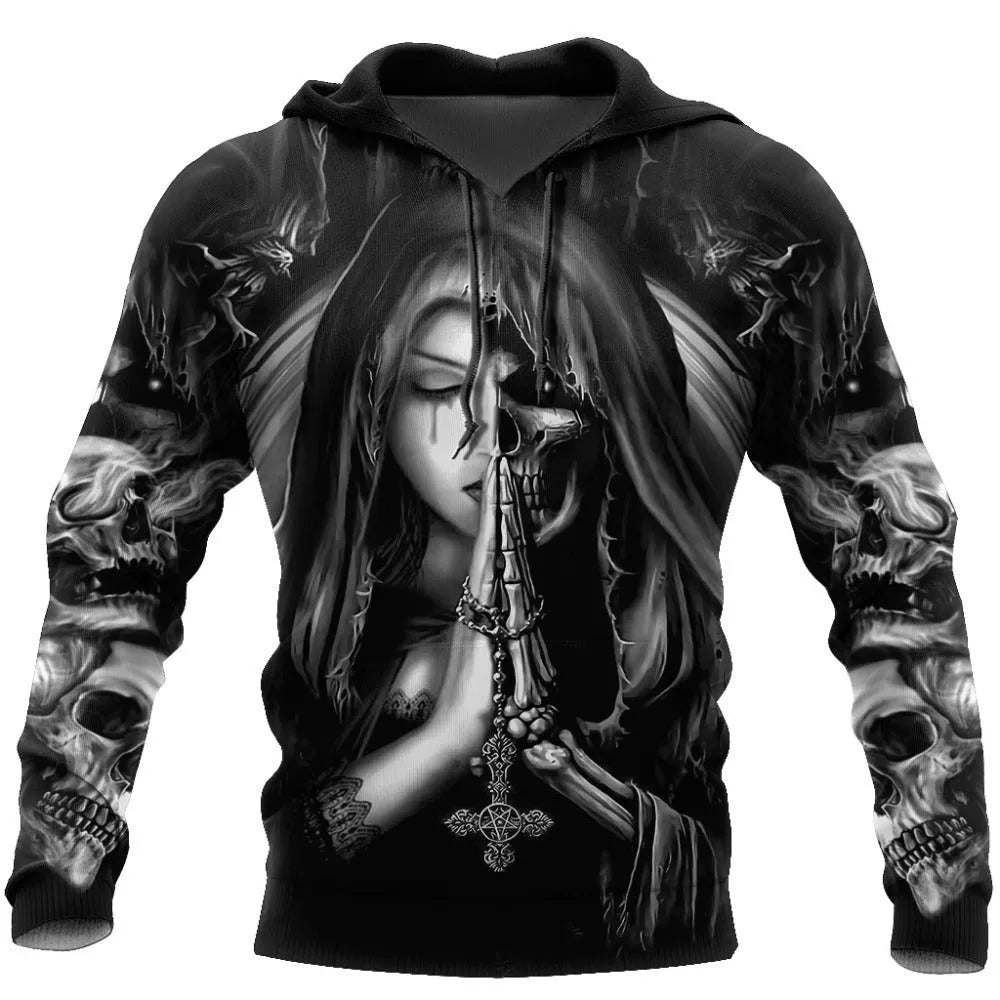 Black hooded sweatshirt with a large 3D white skull anime graphic on the front.