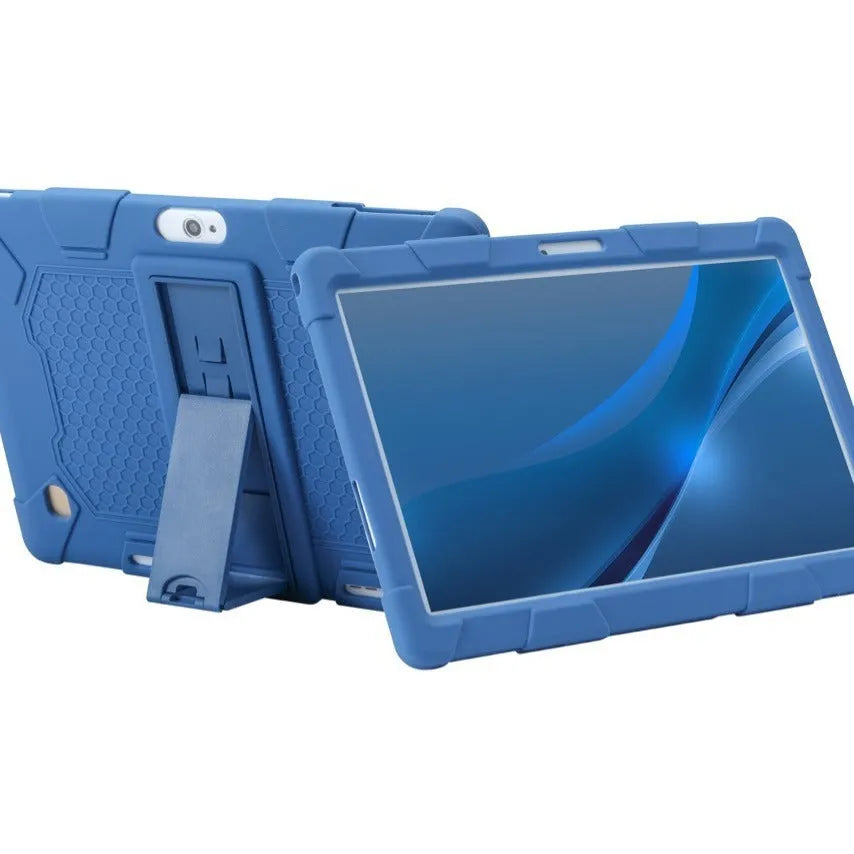Pink silicone protective case with stand for a 10.1-inch tablet on a table.