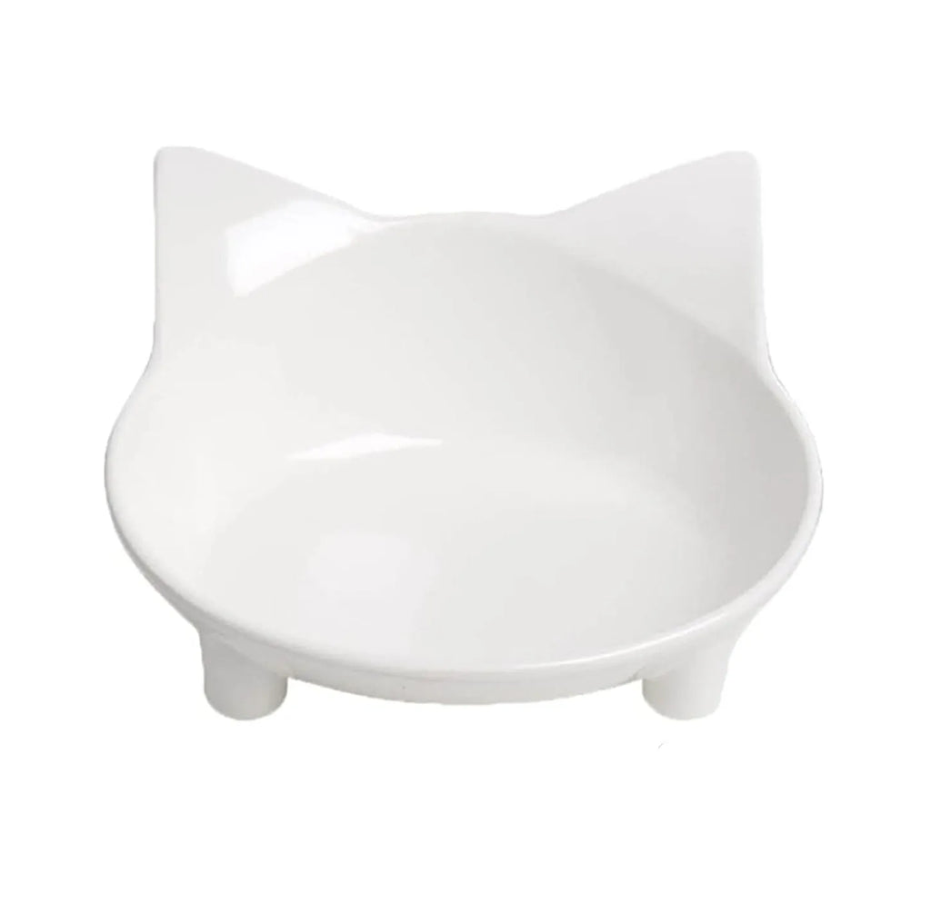 White and black shallow melamine pet bowls with non-slip rubber bases on a floor.