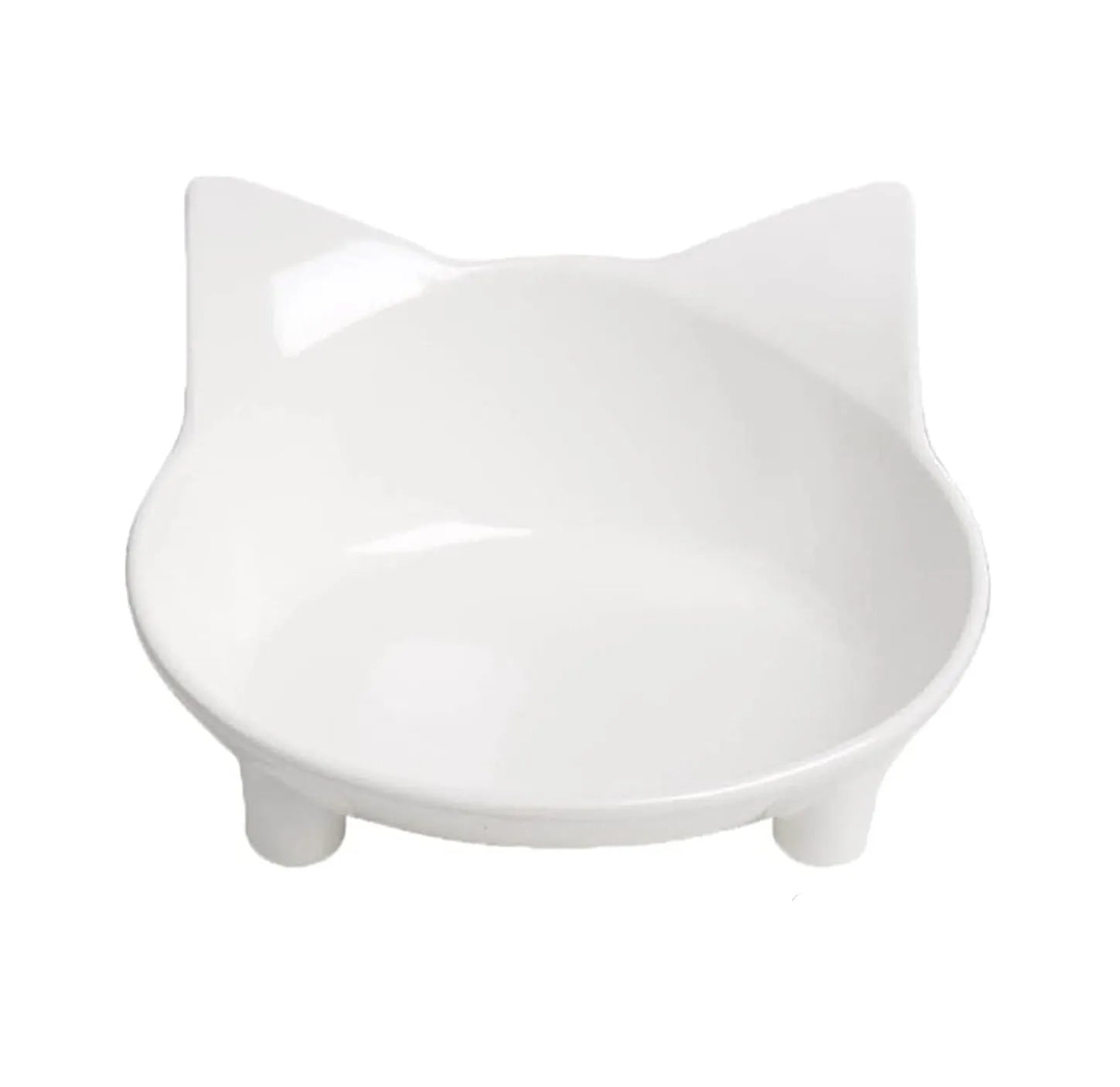 White and black shallow melamine pet bowls with non-slip rubber bases on a floor.