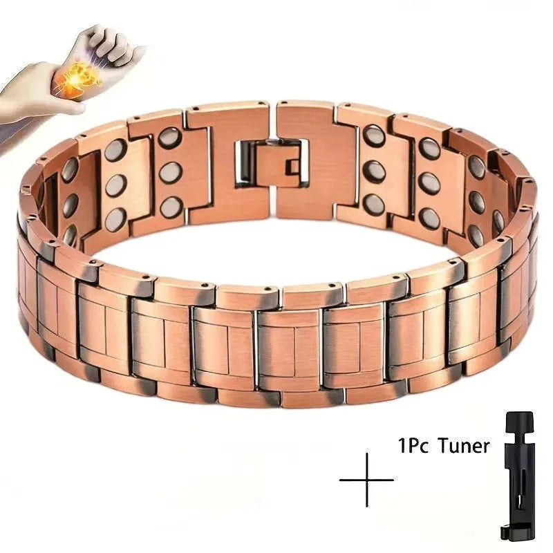 Bronze zinc alloy three-row magnet bracelet with geometric pattern and regulator