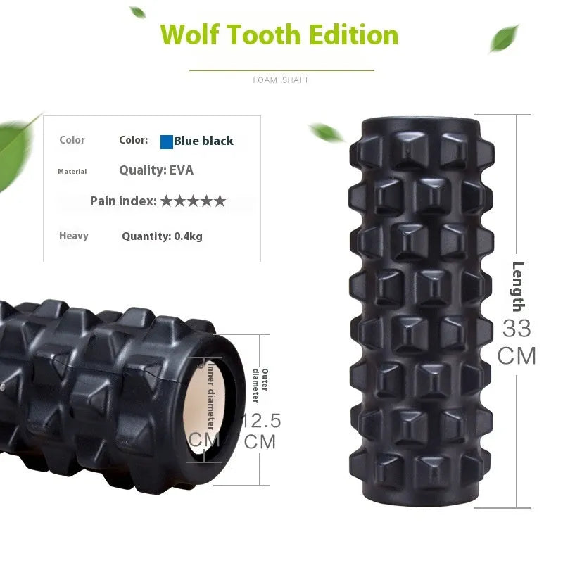 Black fitness foam roller measuring 33cm with EVA and PVC construction for muscle massage