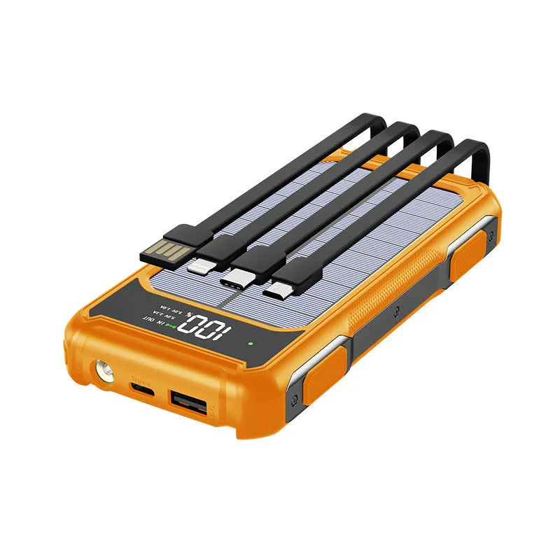 Military grade mobile power bank in black, green, or orange, showing compact size