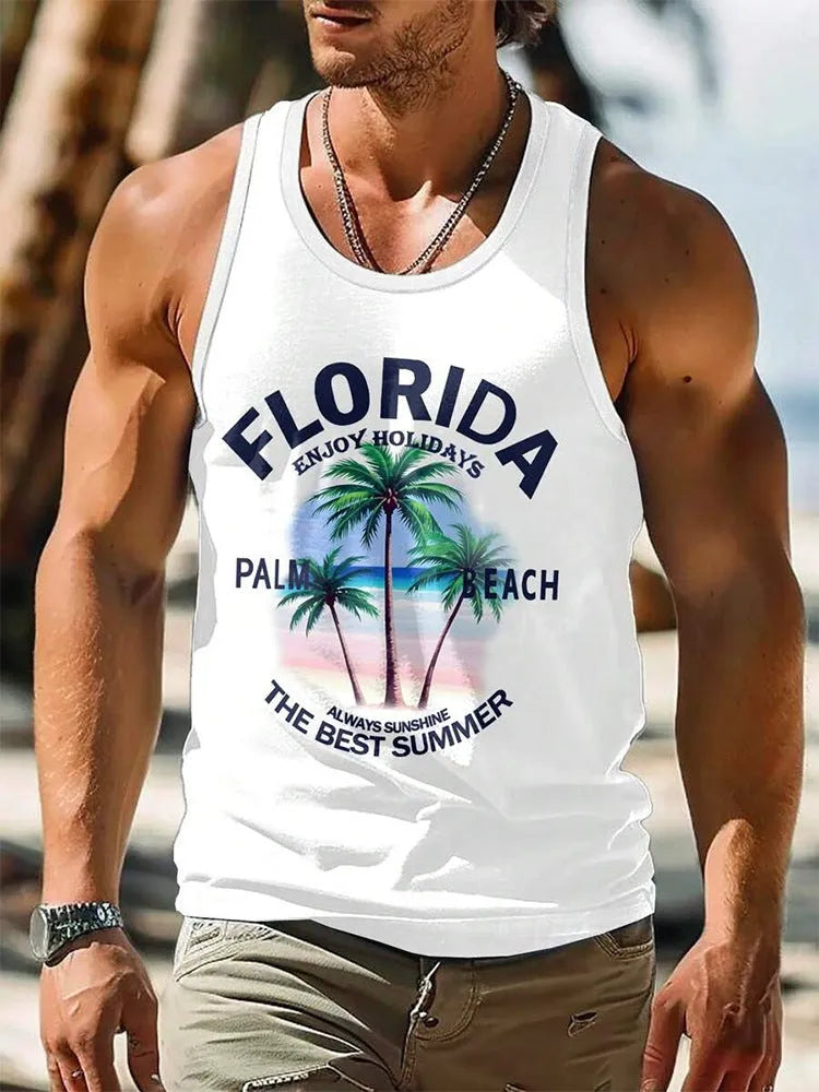 Men's solid colour Hawaiian style sleeveless vest t-shirt made from polyester pinhole cloth