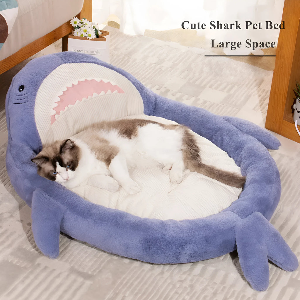Blue shark pattern pet bed with non-slip base for small to medium dogs
