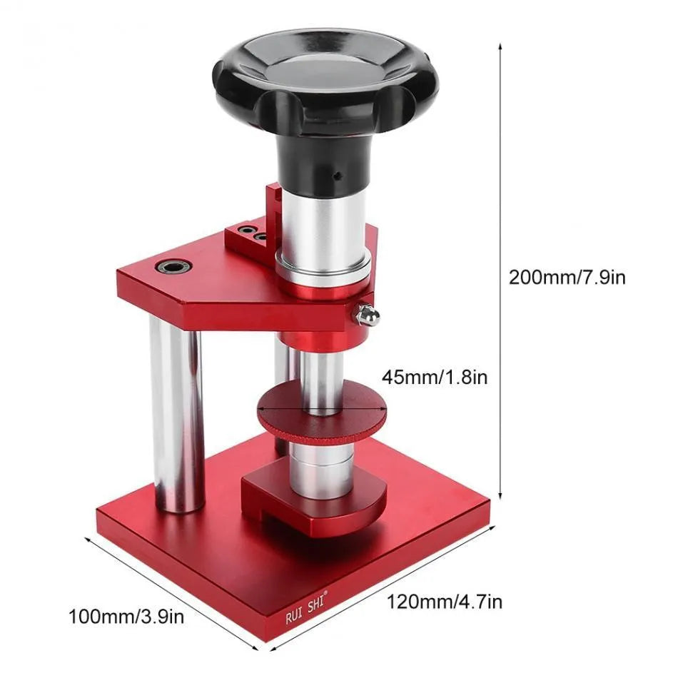 Watch repair spiral presser tool with set of 20 plastic moulds for back cover installation