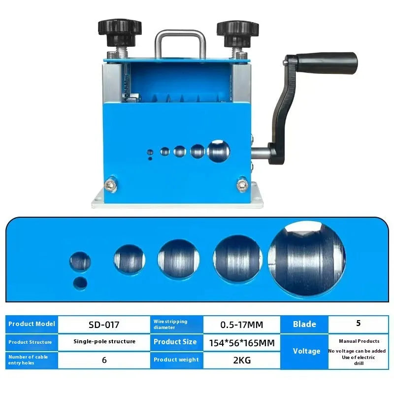 SD-017 manual wire stripping machine for 0.5-17mm diameter wires on a workbench.