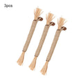 Three natural silvervine chew sticks for cats with sisal rope, shown with Fine and Thick diameter options.