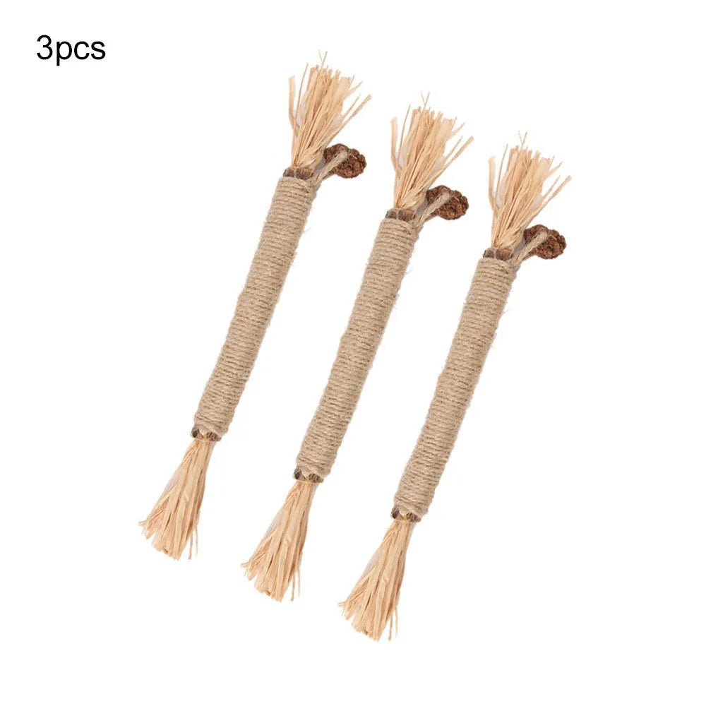 Three natural silvervine chew sticks for cats with sisal rope, shown with Fine and Thick diameter options.