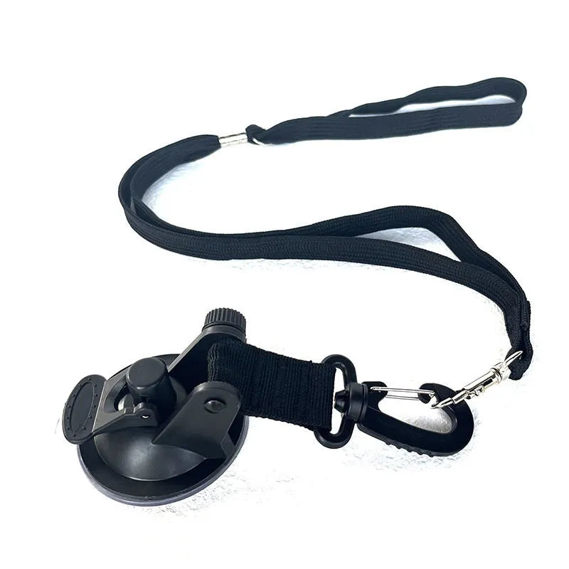 Black and blue pet bathing restraint with four adjustable suction cup cuffs for dogs.