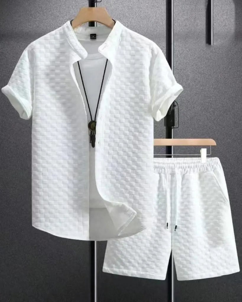 Men's jacquard short sleeve suit set in black with matching shorts, showing front view