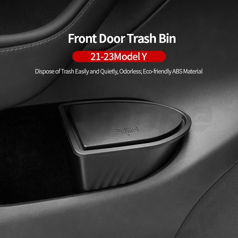 Black ABS plastic car door storage container set for Tesla Model Y front doors.
