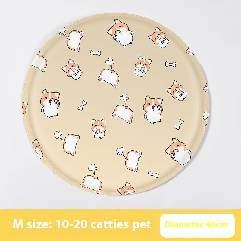 Round pet cooling mat with cartoon animal design showing blue polar bear pattern on cloth surface
