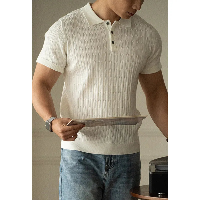Men's khaki short sleeve business top on a hanger, showing the fabric texture and fit.