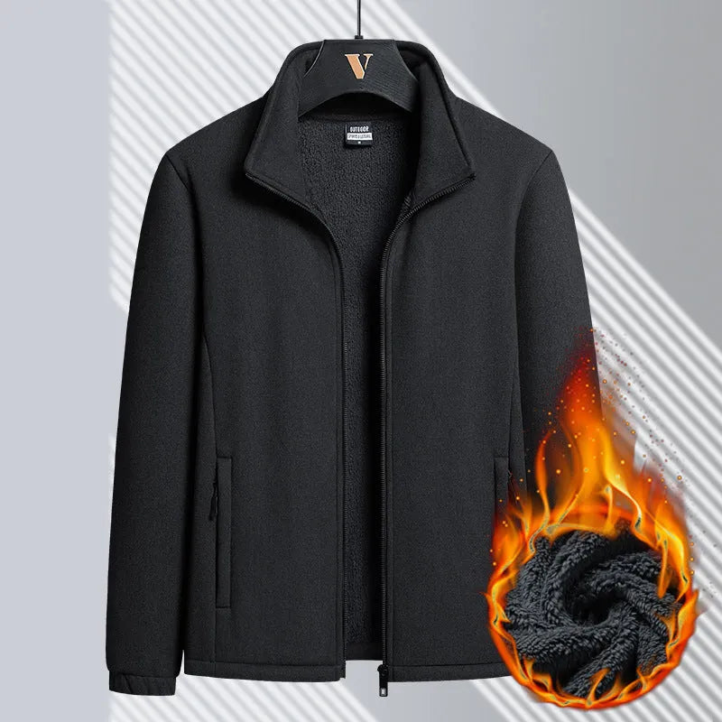 Men's grey Berber fleece zip-front coat with stand-up collar and zippered pockets.