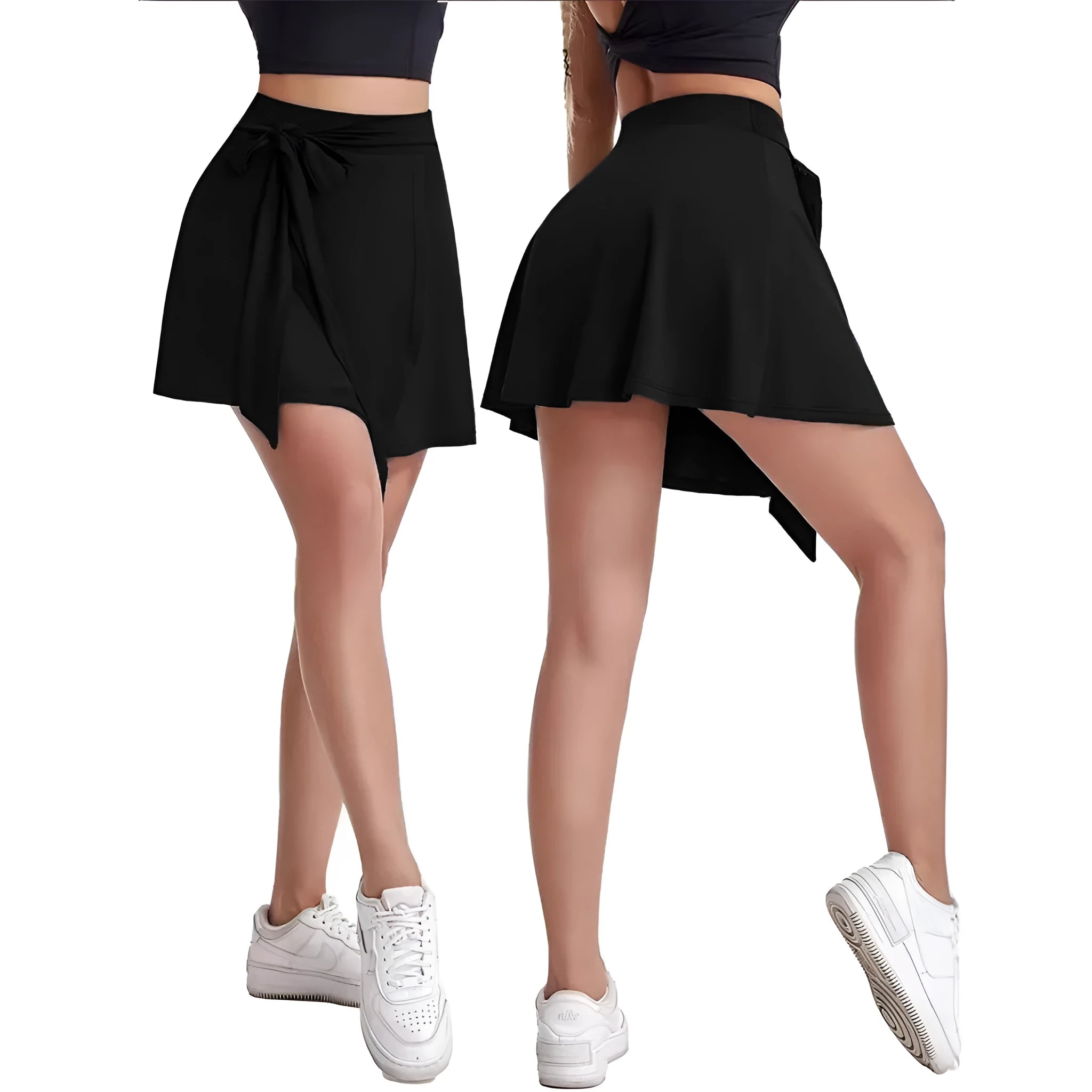 Black high-waisted sports culotte skirt with built-in shorts for anti-exposure coverage.