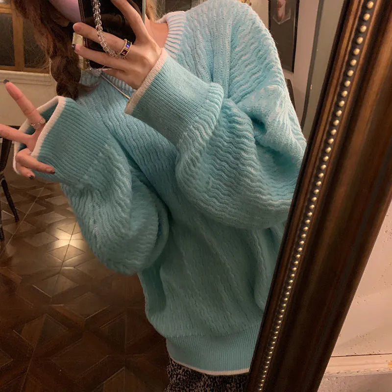 Women's loose fit retro pullover sweater in solid lake blue colour.