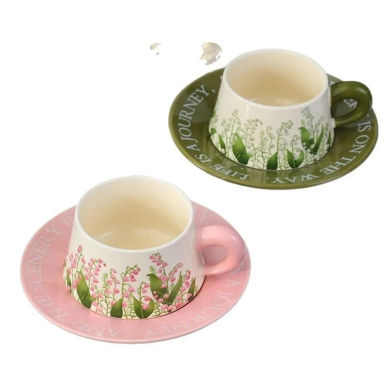 Ceramic coffee cup and saucer set with two 300ml cups, two saucers, and two spoons