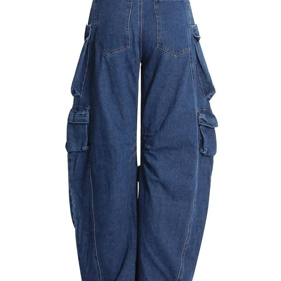 Dark blue distressed wide-leg women's jeans with high waist and multiple pockets in workwear style
