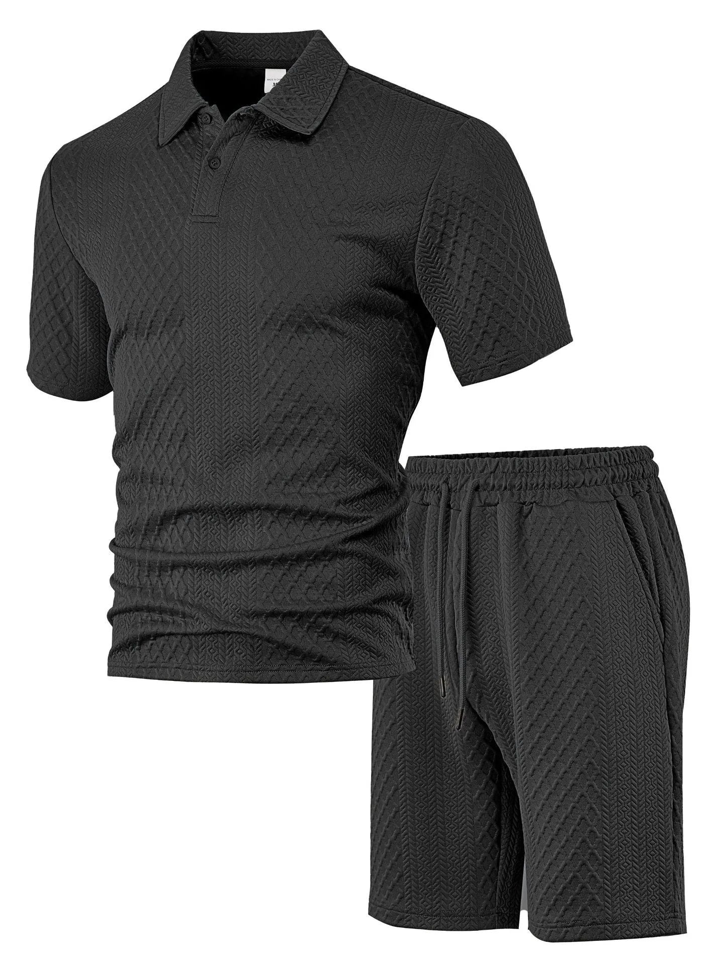 Men's patterned cloth casual suit comprising a short sleeve polo shirt and trousers on a hanger.