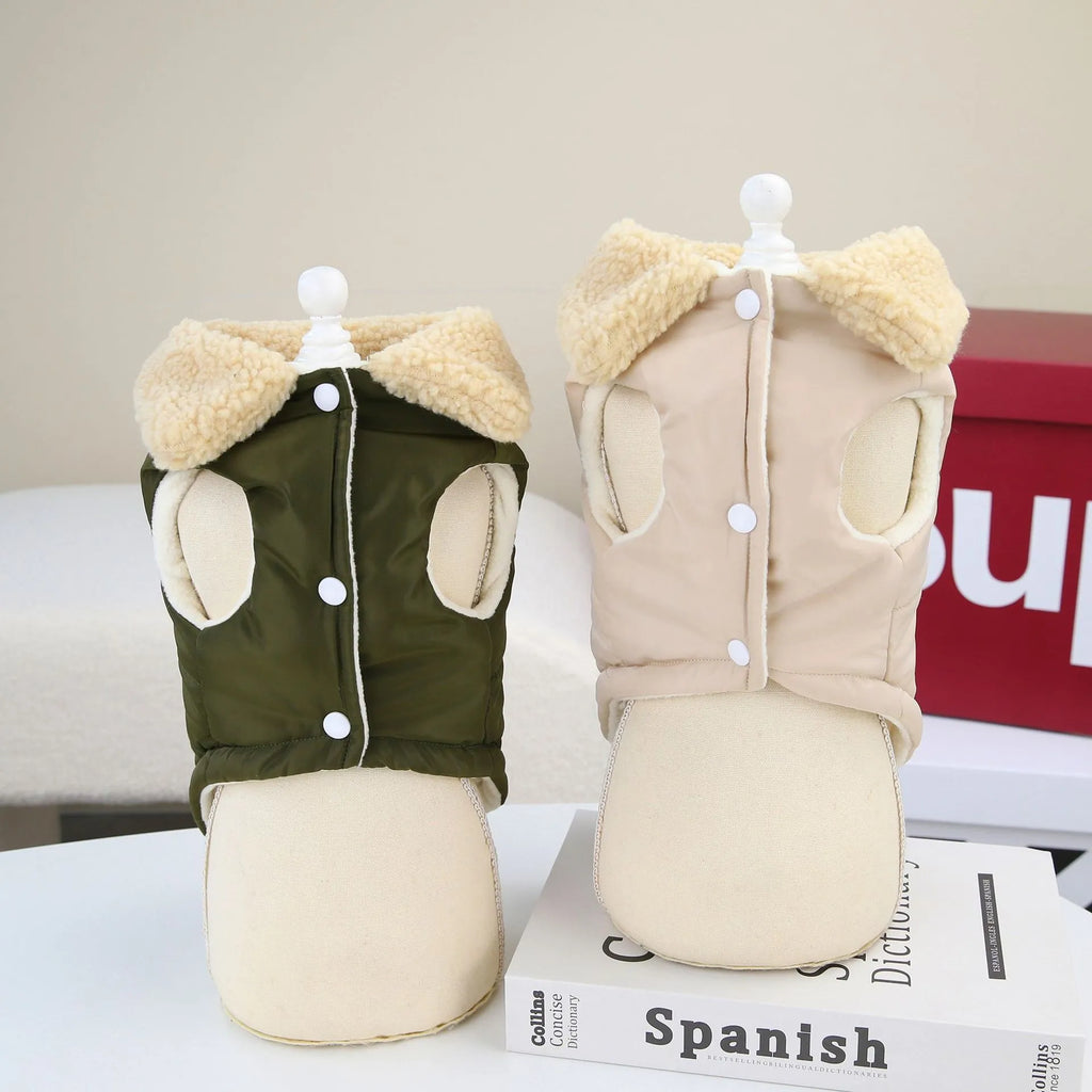 Teddy Cat Nordic fur collar cotton vest in green, draped on a surface showing fur collar and button closures