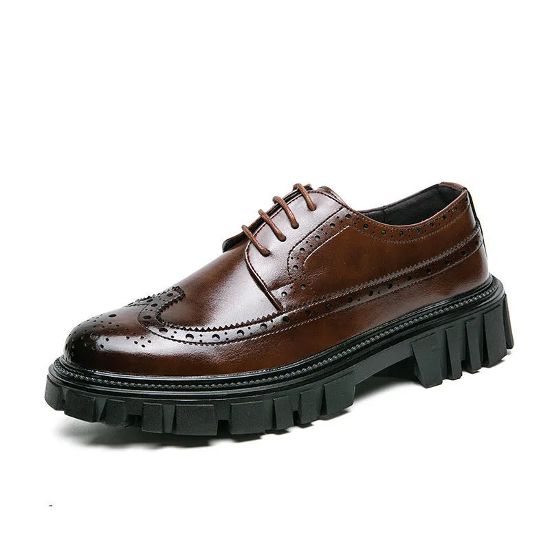 Men's black business brogue shoes with round toe design and artificial leather upper
