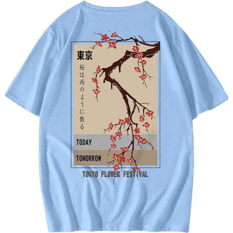 Men's printed short-sleeve street sports t-shirt on a hanger, showing a digital print pattern.