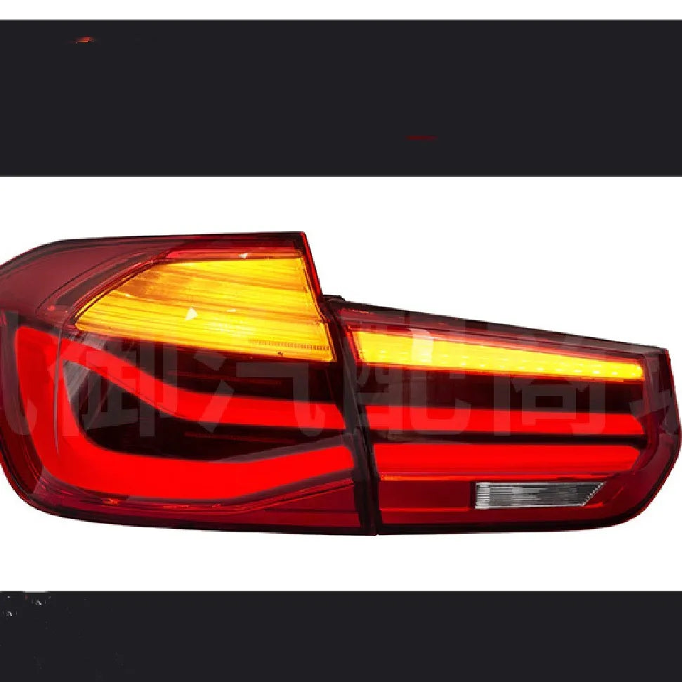 BMW 3 Series red and smoked black LED tail light assembly showing streamer design