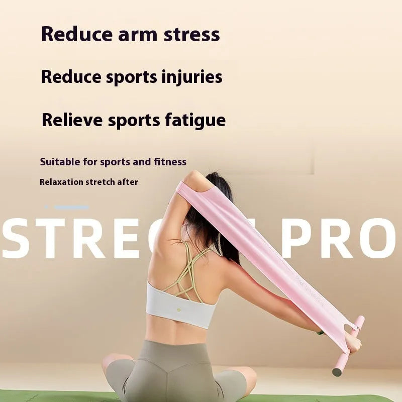 Grey and pink yoga multi-function stretching tool for shoulders, back and hips.
