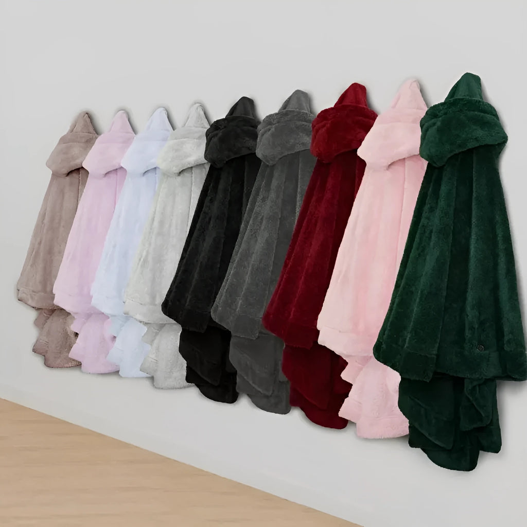 Thick hooded cloak bathrobe in black, dark grey, or pink colours with long sleeves