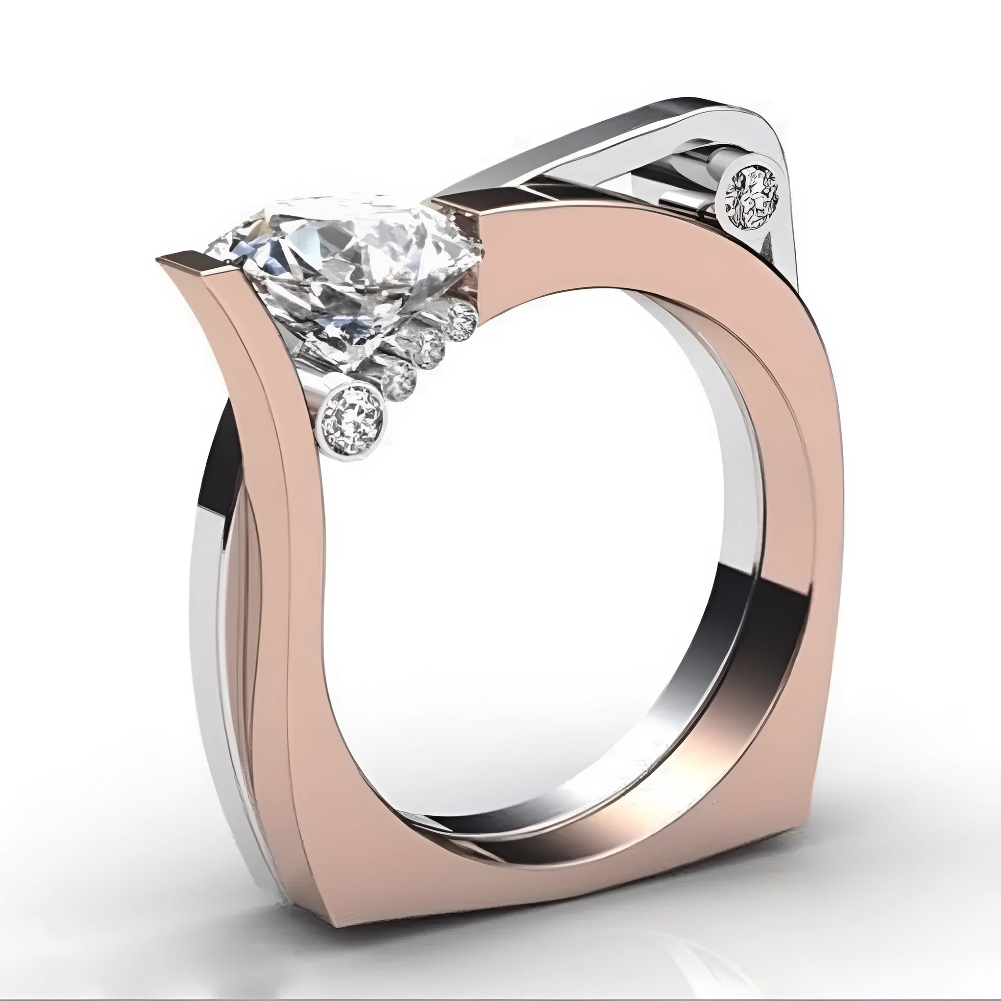 Rose gold electroplated couple rings with geometric design and zircon stones in women's sizes 6-10