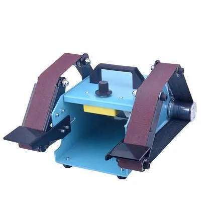 Blue desktop dual-axis belt sander with abrasive belt for knife sharpening