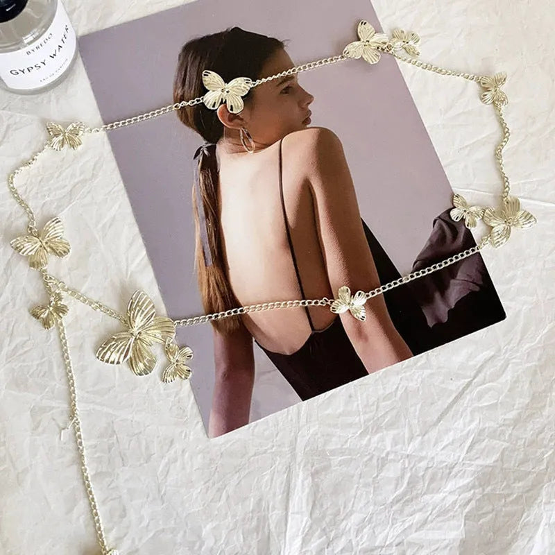 Butterfly waist chain belt with alloy construction in gold or silver colour, 104cm length