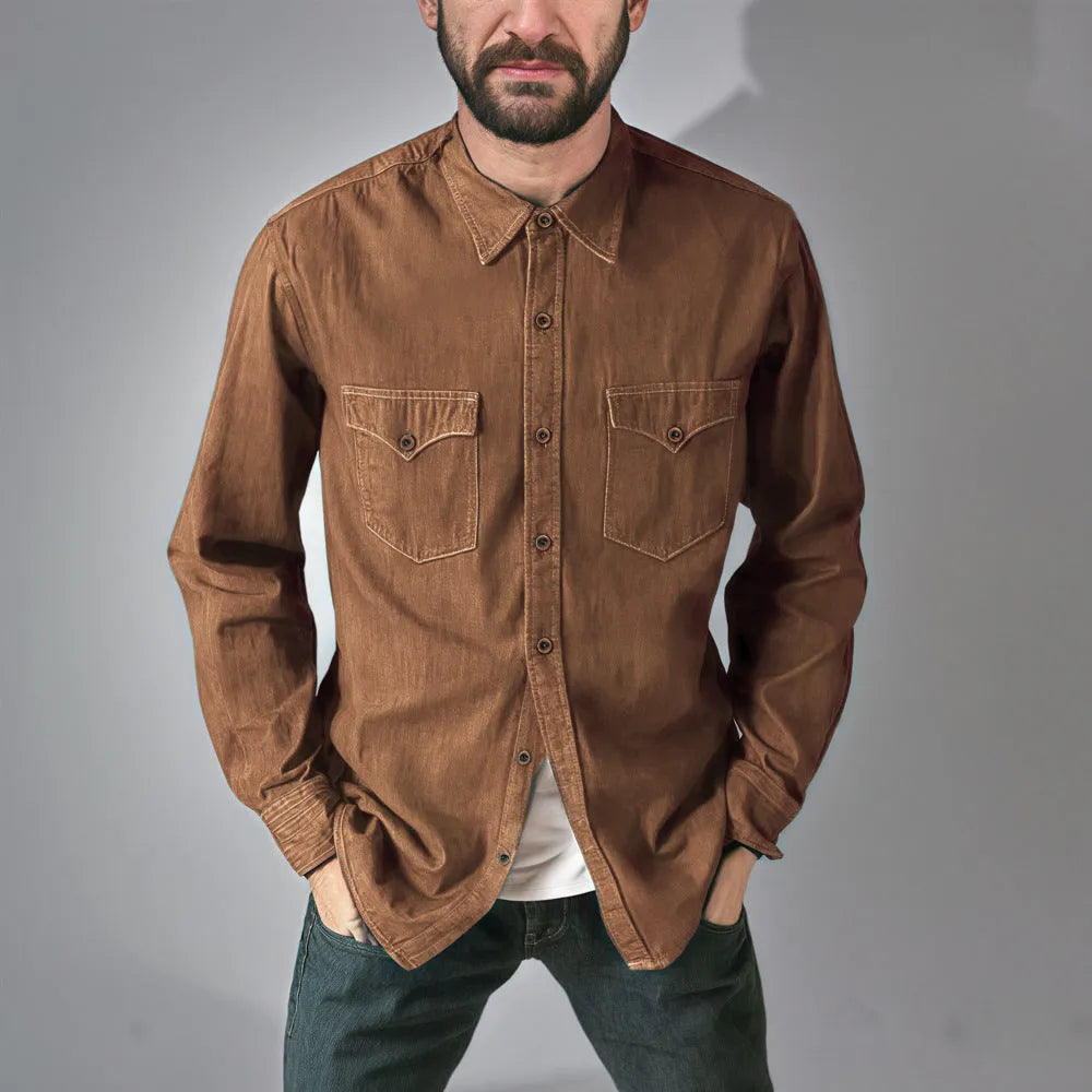 Man's khaki cotton denim cardigan coat open front, regular fit, casual style.