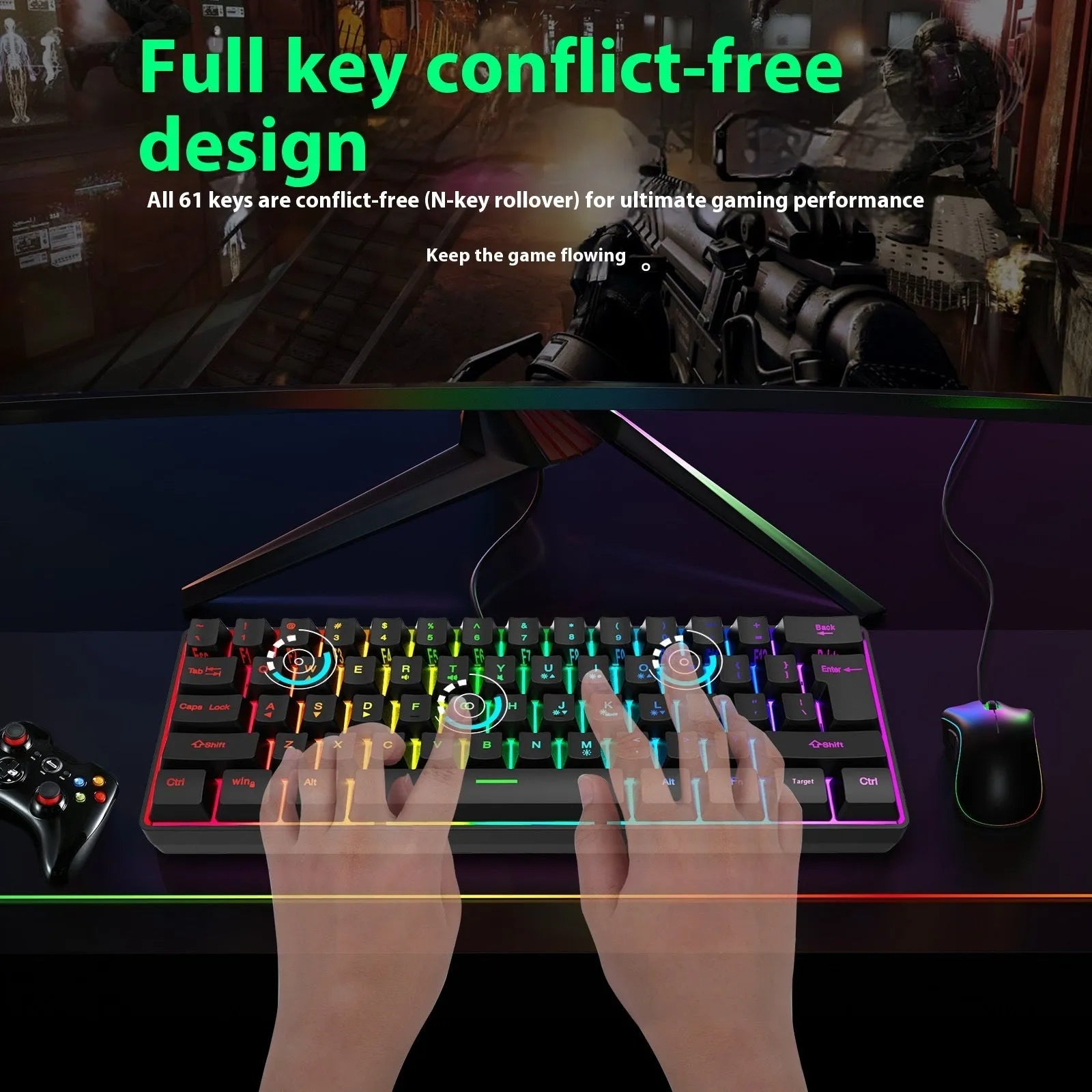 Simple Home K401-black RGB luminous compact wired keyboard on a desk